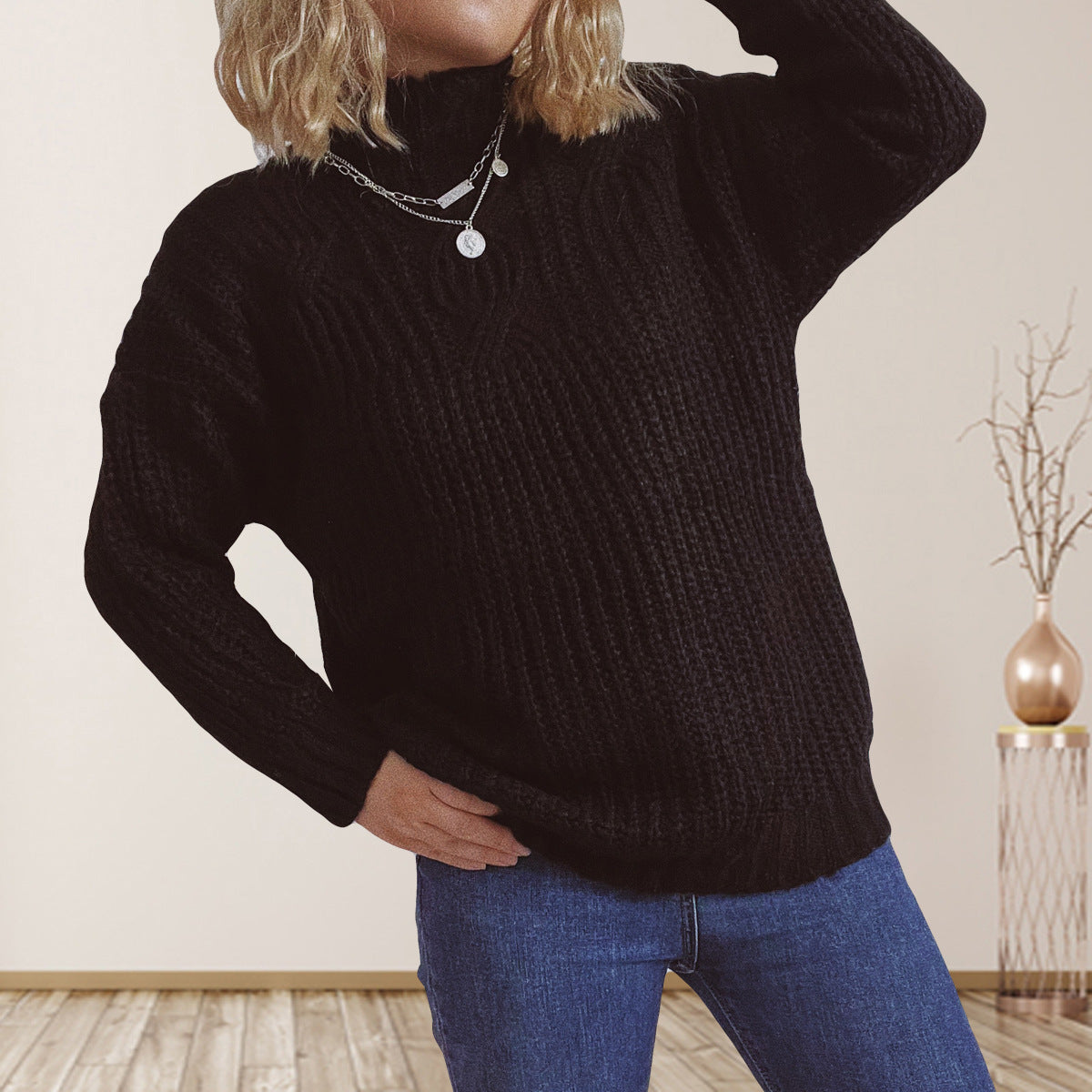 Damen Grobstrickpullover Hochkragen Locker Norvielle