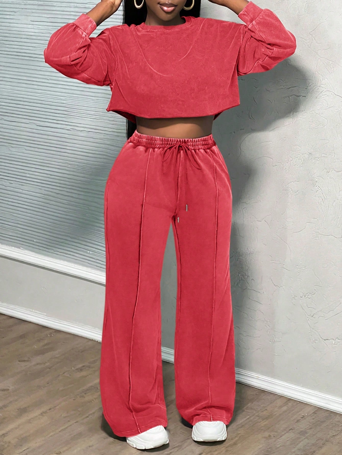 Damen Crop- und Hose Set Baumwolle Beige