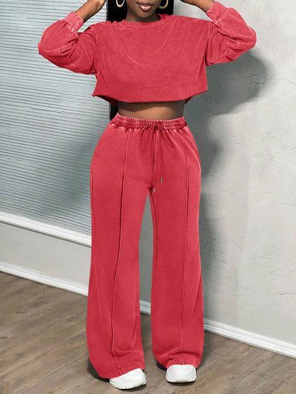 Damen Cropped Loungewear-Set Weite Hose Hochwerder Bund