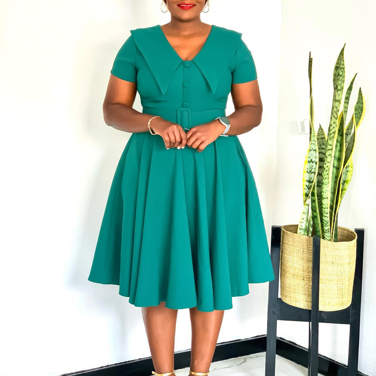 Damen A-Linien Kleid mit Kragen und Gürtel Norvielle - Norvielle