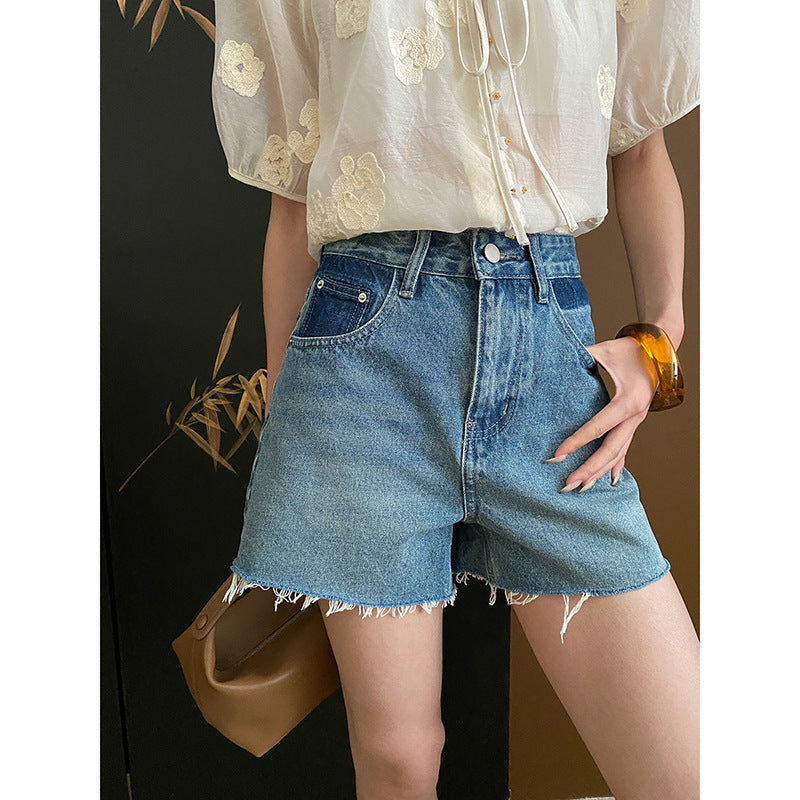 Damen Vintage-Jeansshorts Hochbund Fransensaum Blau - Norvielle