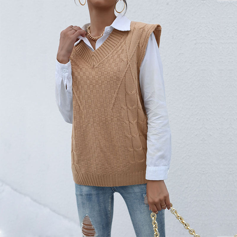Damen Strickpullover Ohne Ärmel V-Ausschnitt Strukturiert Beige