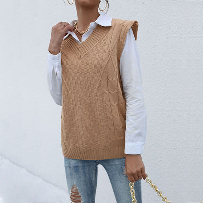 Damen Strickpullover Ohne Ärmel V-Ausschnitt Strukturiert Beige