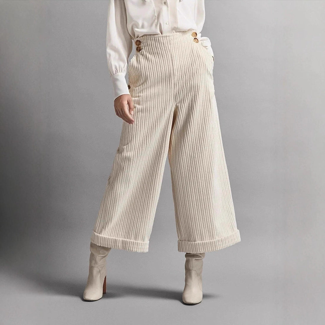 Damen Cordhose Weit Norvielle Dekorative Knöpfe