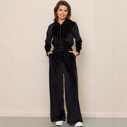 Damen Velours Jogginganzug Cropped Kapuze Weite Passform