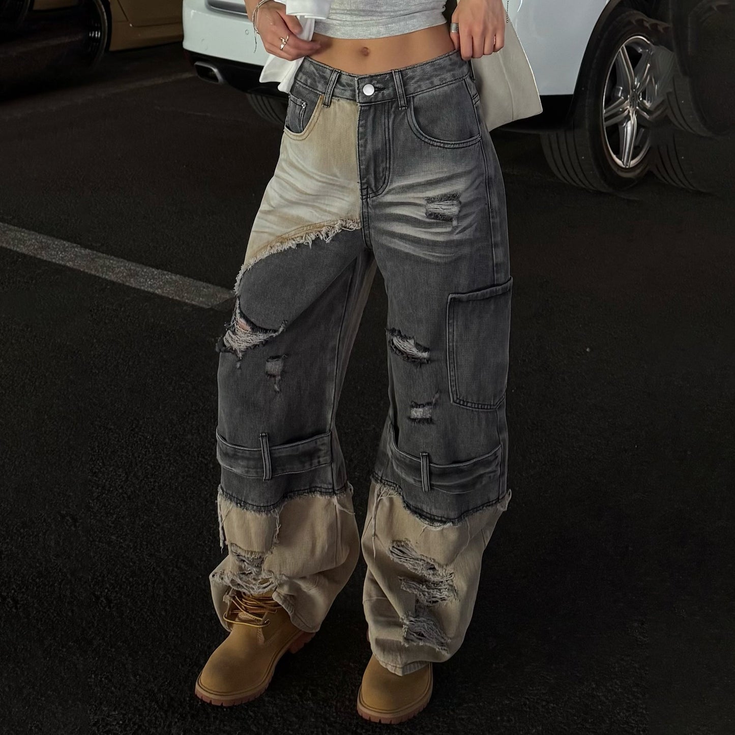 Damen Cargo-Jeans Ausgefranstes Design Tiefes Bein Norvielle