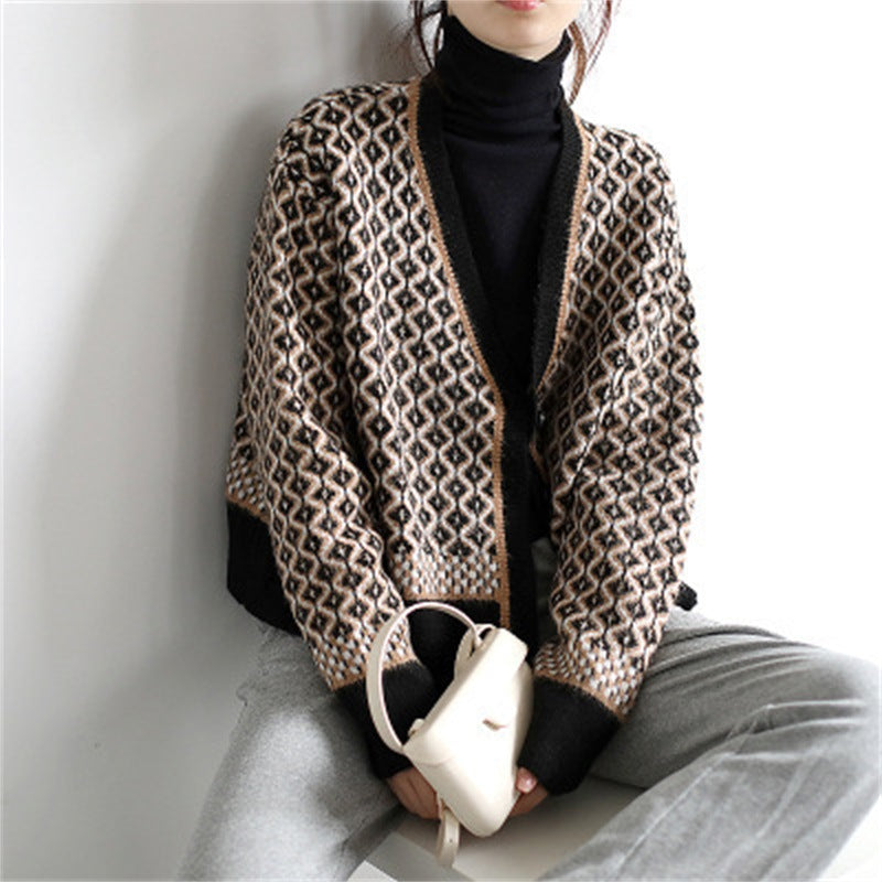 Damen Strickjacke Geometrisches Muster Knöpfe Beige - Norvielle