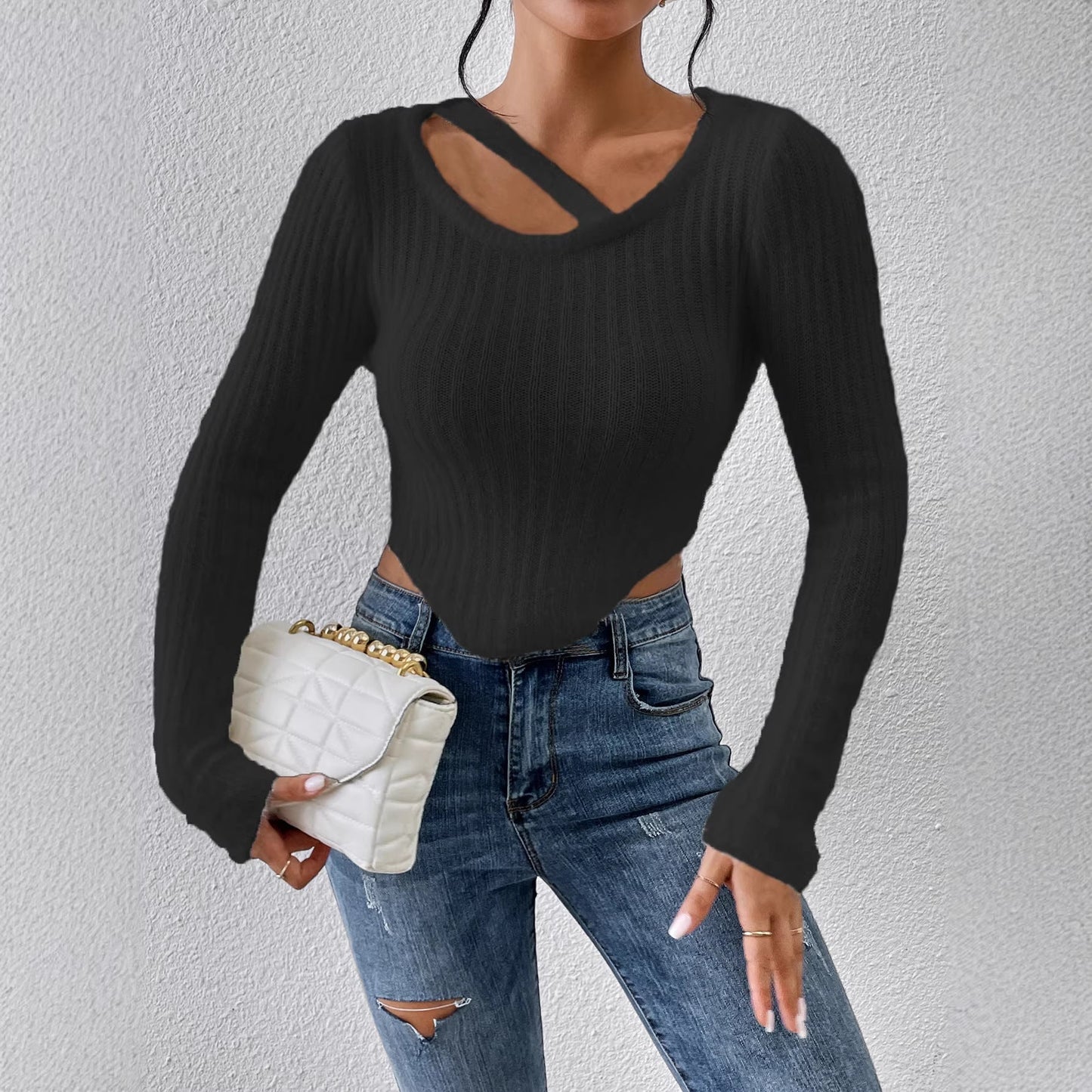 Damen Off-the-Shoulder Stricktop Elastisch Beige - Norvielle