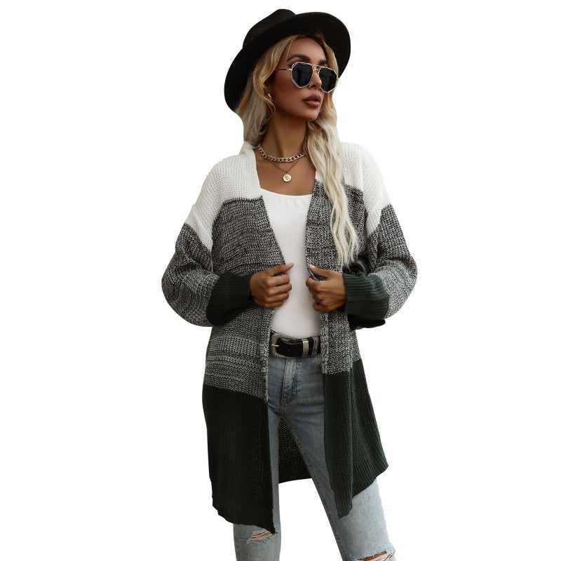 Damen Strickcardigan Lässig Blockstreifen Weite Ärmel Beige