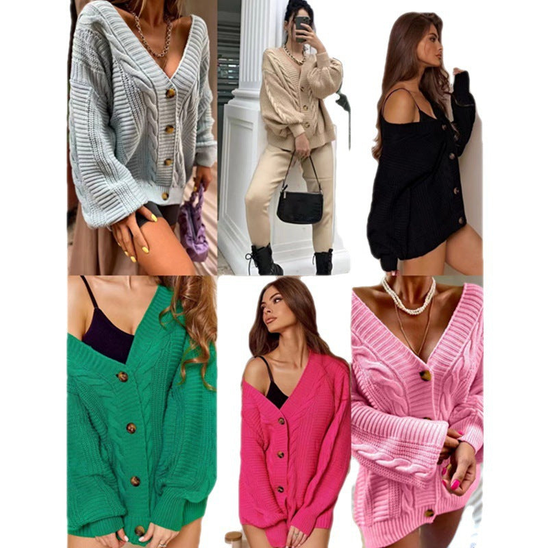 Norvielle Damen Cardigan Grobstrick Voluminöse Ärmel Große Knöpfe - Norvielle