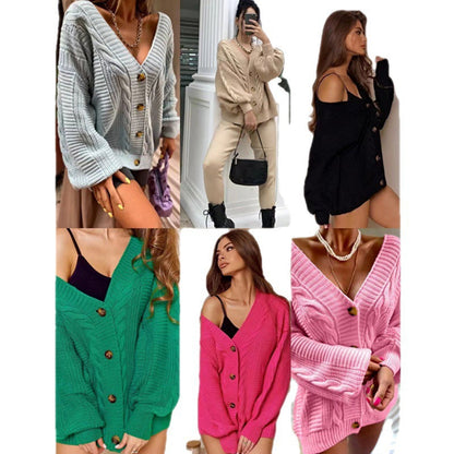 Norvielle Damen Cardigan Grobstrick Voluminöse Ärmel Große Knöpfe - Norvielle