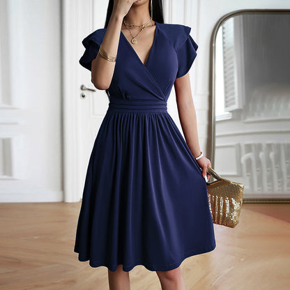 Damen Kurzarmkleid Einfarbig V-Ausschnitt