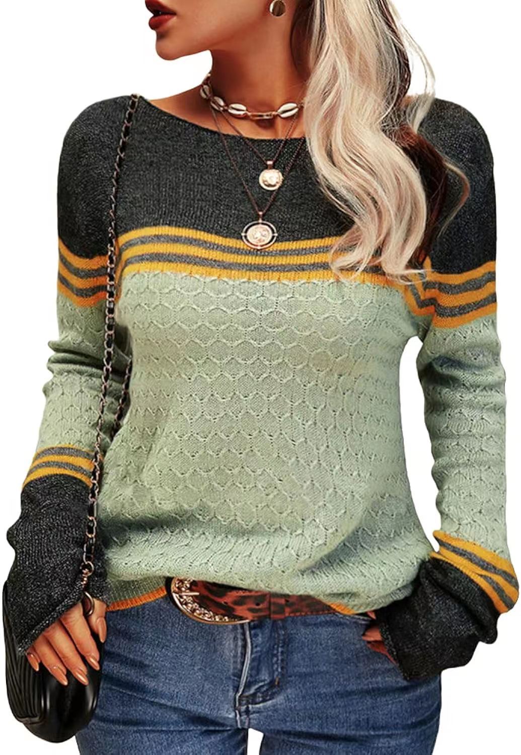 Damen Strickpullover Kontrastfarben Einzigartige Textur Norvielle