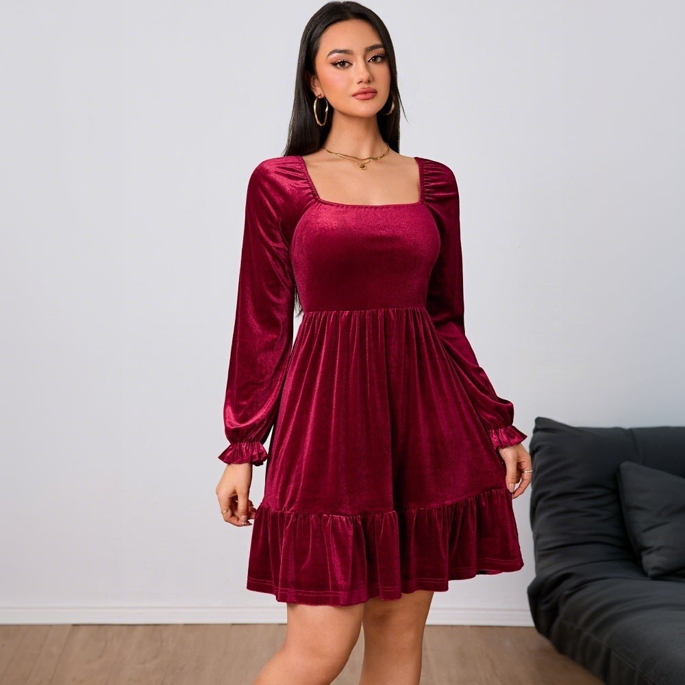 Damen Samt Minikleid mit Volant und Puffärmeln Norvielle - Norvielle