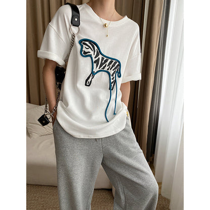 Damen T-Shirt Tiermotiv Baumwolle Weiß - Norvielle