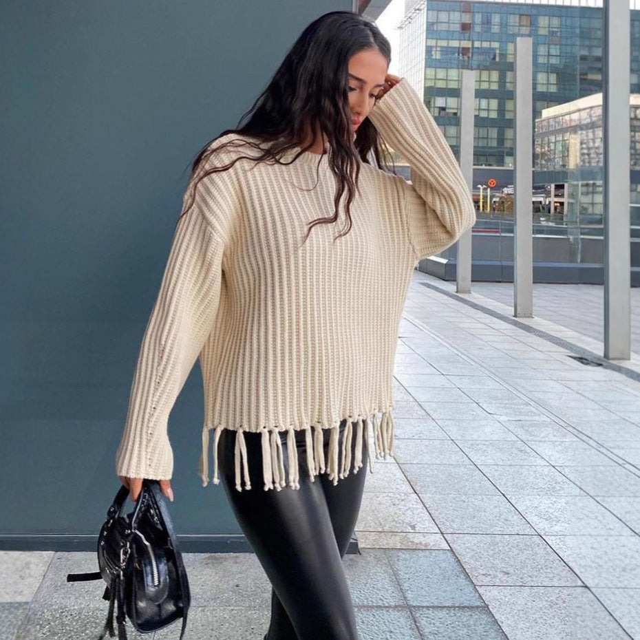 Damen Gestrickter Pulli mit Fransen