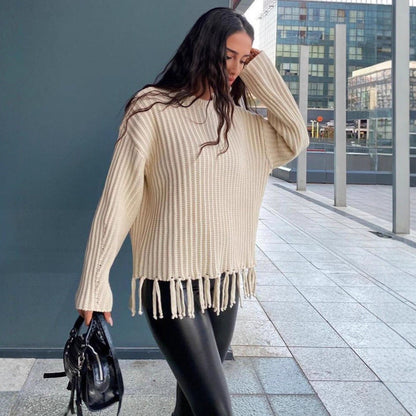 Damen Gestrickter Pulli mit Fransen