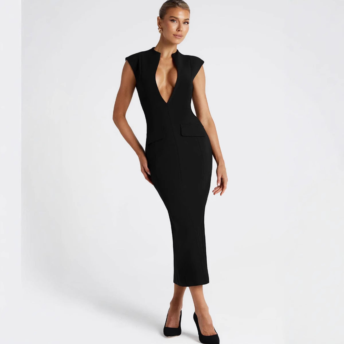 Damen Kleid V-Ausschnitt Figurbetont mit Taschen Norvielle