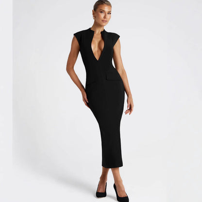 Damen Kleid V-Ausschnitt Figurbetont mit Taschen Norvielle