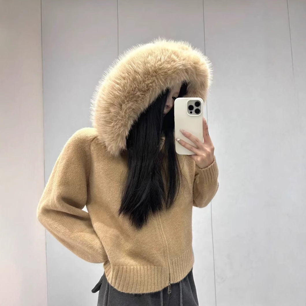 Damen Strickjacke Weich Kapuze Abnehmbar Beige - Norvielle