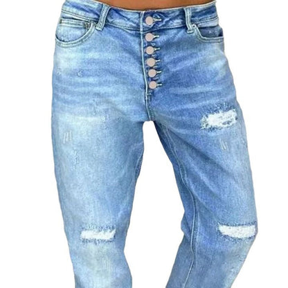 Damen Relaxed Fit Jeans Hochknöpfe Distressed Aussehen