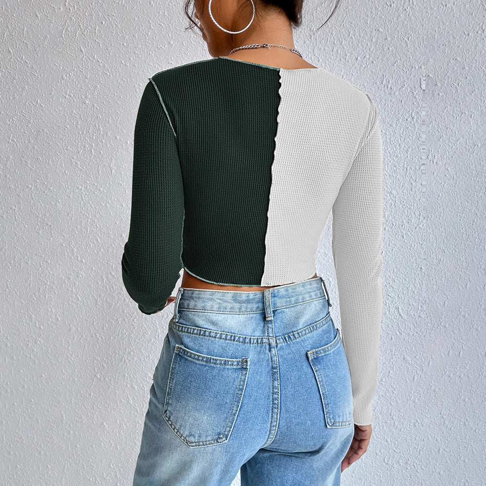 Damen Langarmshirt Cropped 2-Töner Rippdesign