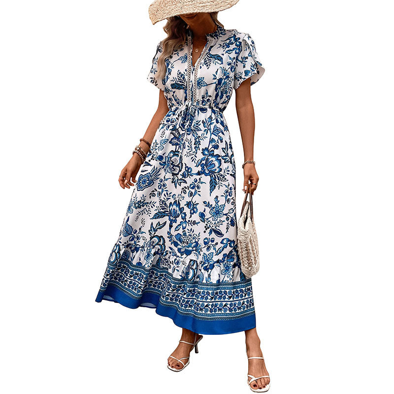 Damen Maxikleid Florales Design Elastischer Gürtel