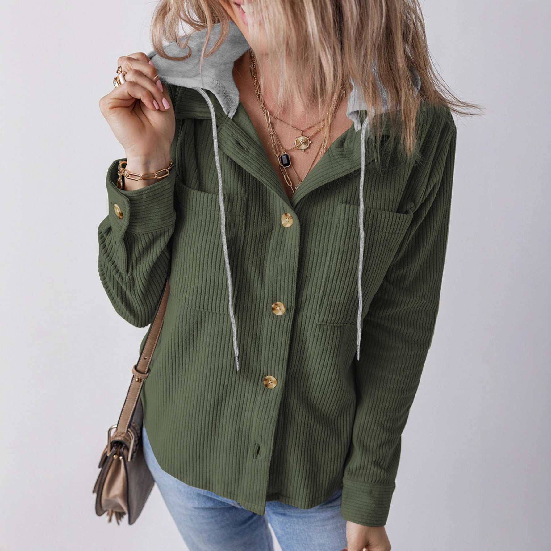 Damen Hemdjacke Gestreift Kapuze Taschen Norvielle - Norvielle