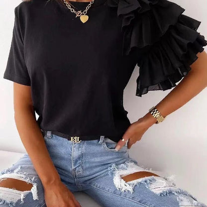 Damen T-Shirt Rüschendetails Baumwolle Weiß