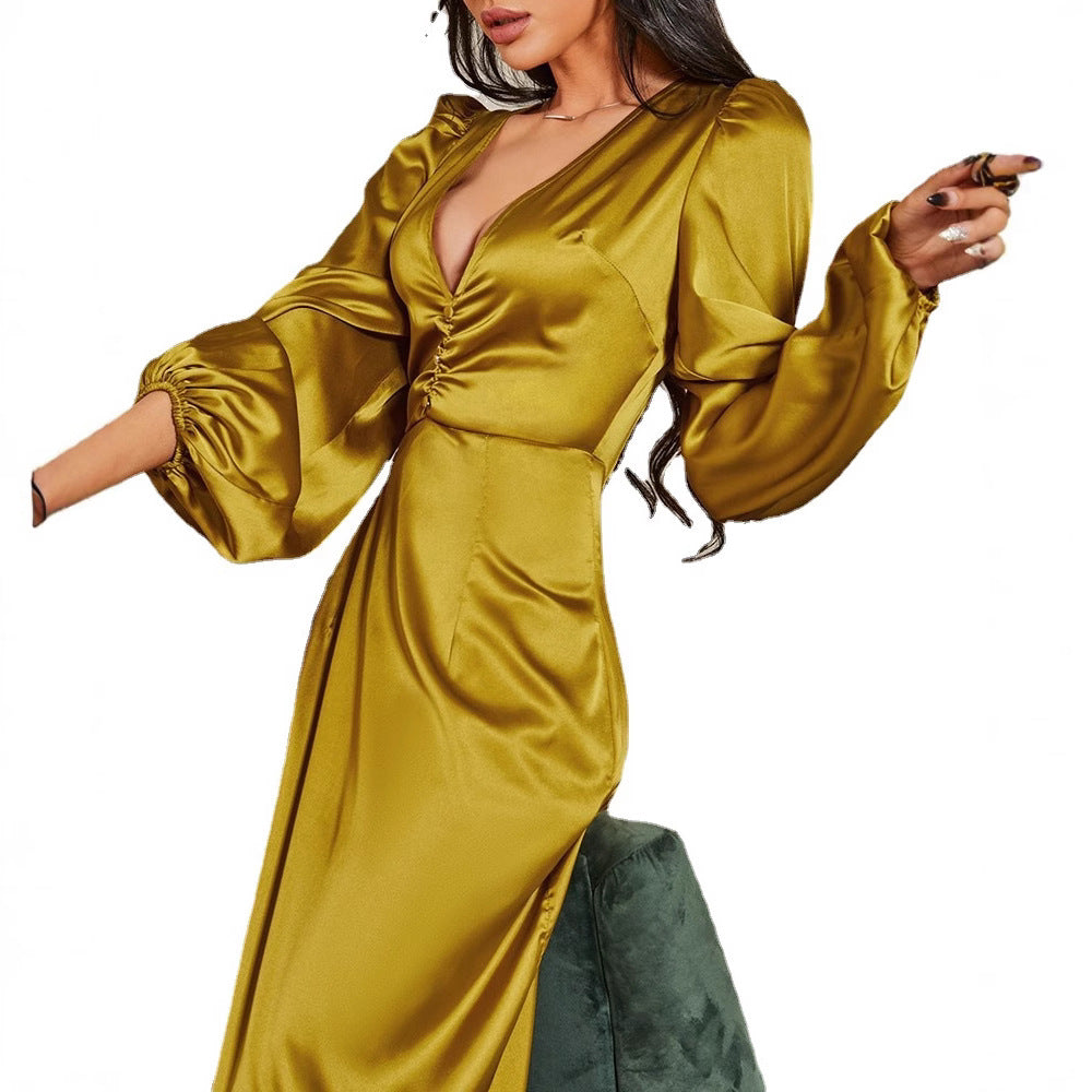 Damen Maxikleid V-Ausschnitt Puffärmel Elegant Norvielle