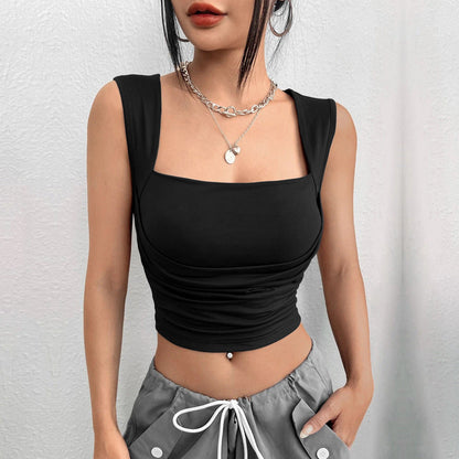 Damen Cropped Tanktop Raffiniert Rundhals Quadratisch Weiß - Norvielle