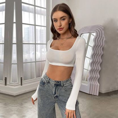 Damen Langarm Crop- Quadrat-Ausschnitt Komfortschnitt