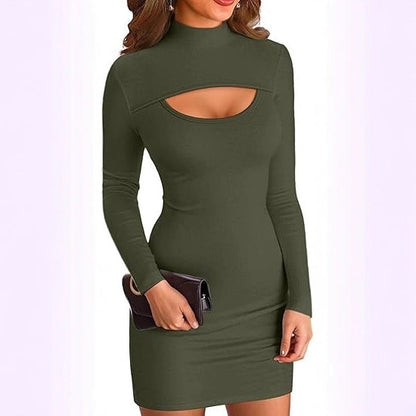 Damen Minikleid Figurbetont Cut-Out Ausschnitt Hochgeschlossen