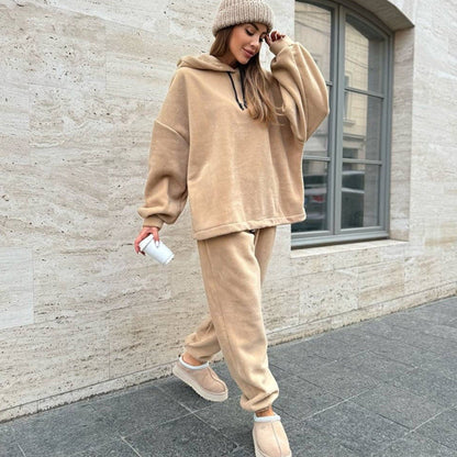 Damen Fleece-Loungewear-Set mit Kapuze Weites Design Beige - Norvielle