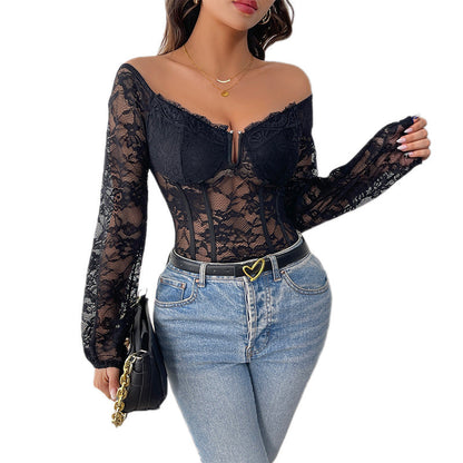 Damen Spitzenbody Langarm Off-Shoulder Norvielle