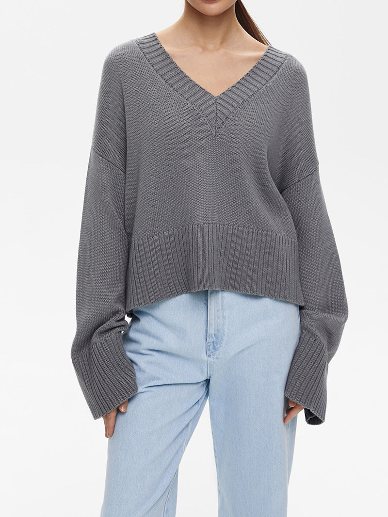 Damen Strickpullover V-Ausschnitt Breite Bündchen Norvielle