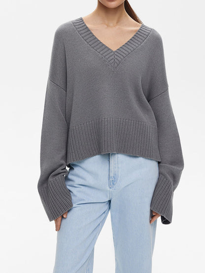 Damen Strickpullover V-Ausschnitt Breite Bündchen Norvielle