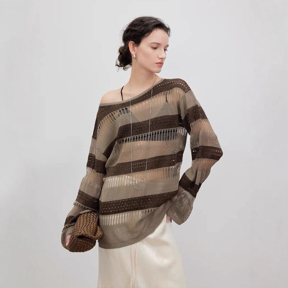Damen Strickpulli Luftiger Look Lochmuster Beige - Norvielle