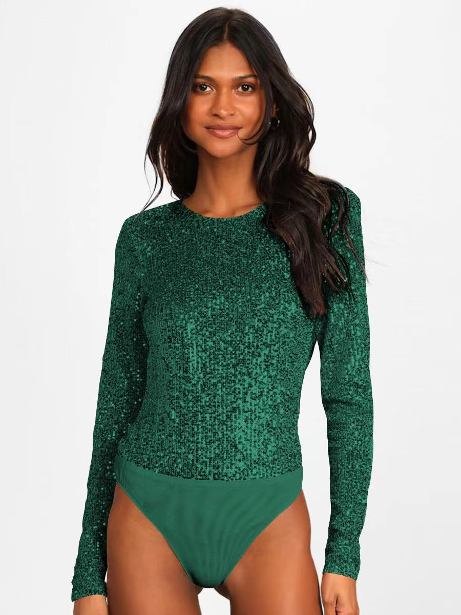 Damen Glitzerndes Bodysuit Längsärmig Schimmernder Stoff
