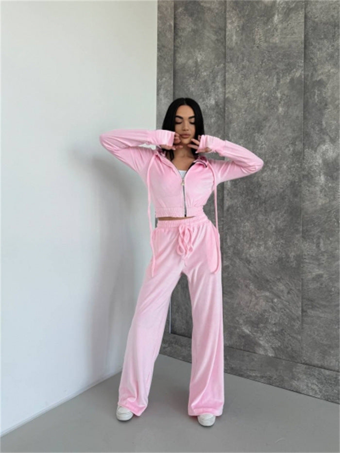 Damen Velours Lounge-Set Taillierter Hoodie Elastische Hose
