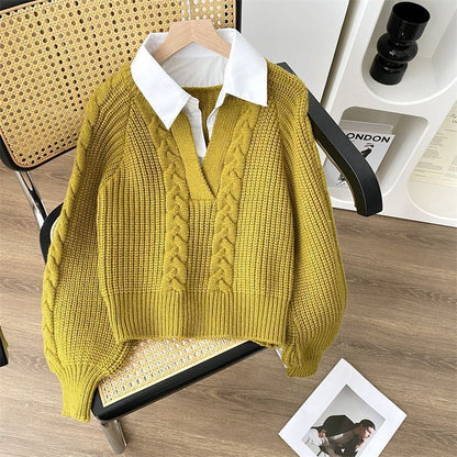 Damen Strickpullover V-Ausschnitt Zopfmuster Norvielle