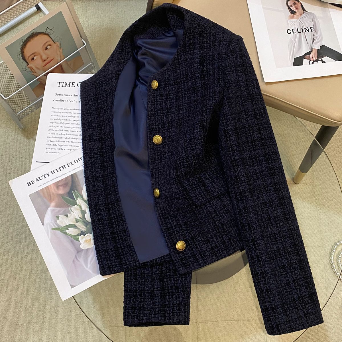 Damen Bouclé-Jacke Strukturiert Goldknöpfe Norvielle