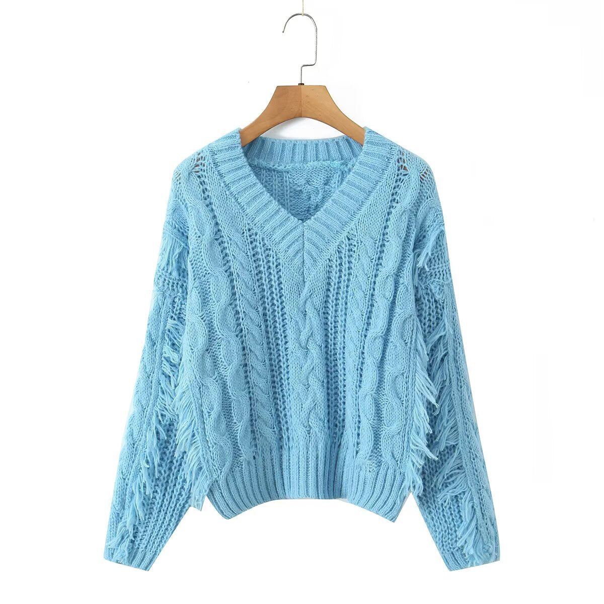 Damen Grobstrickpullover V-Ausschnitt Fransen Norvielle