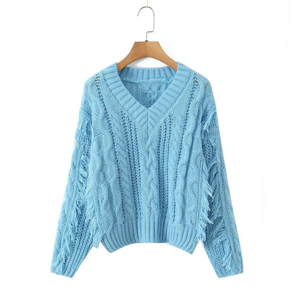 Damen Grobstrickpullover V-Ausschnitt Fransen Norvielle
