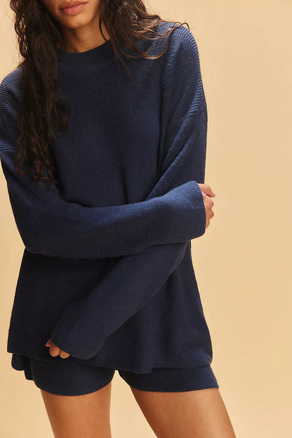 Damen Oversized Strick-Set Pullover und kurze Hosen
