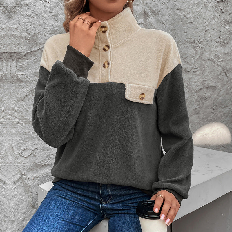 Damen Fleecepullover Knopfverschluss Taschen Norvielle