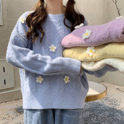 Damen Grobstrickpullover Blumenapplikationen Norvielle