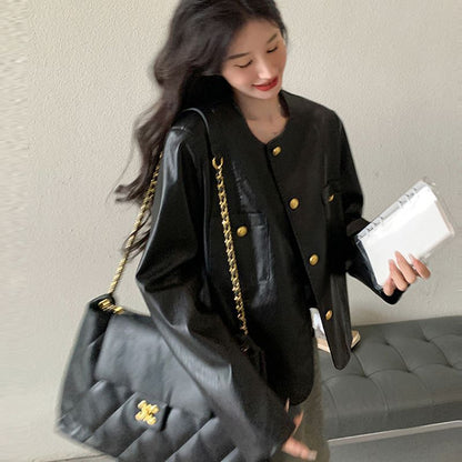 Damen Kunstlederjacke Goldene Knöpfe