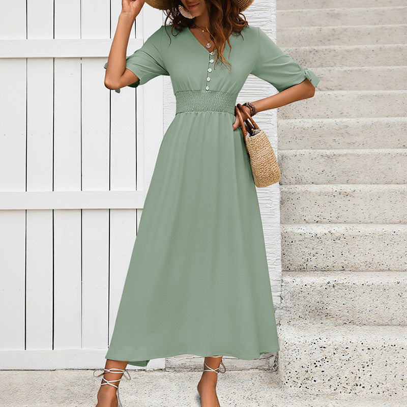 Damen Maxikleid mit Taillengürtel und Knöpfen