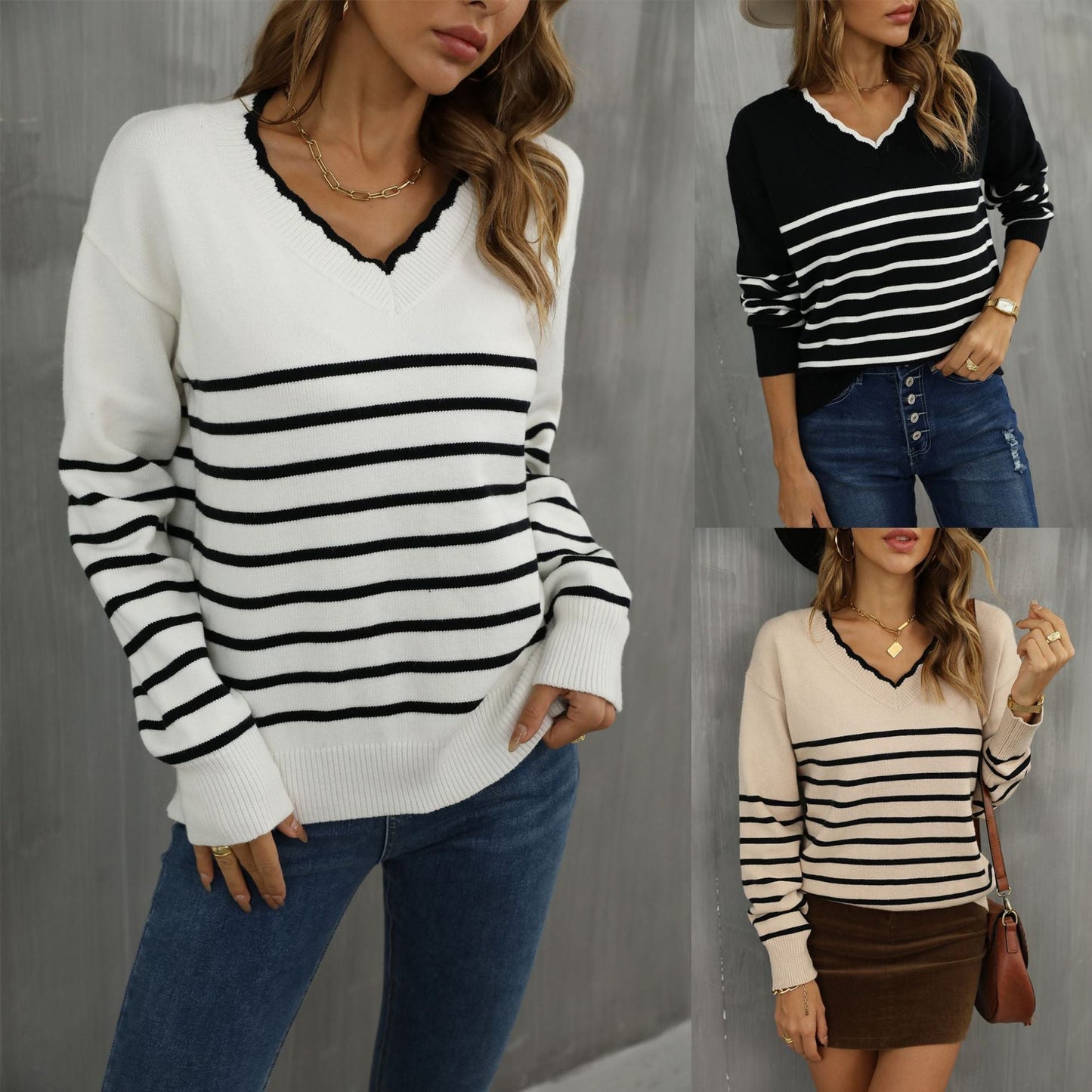 Damen V-Pullover Streifenmuster Norvielle - Norvielle